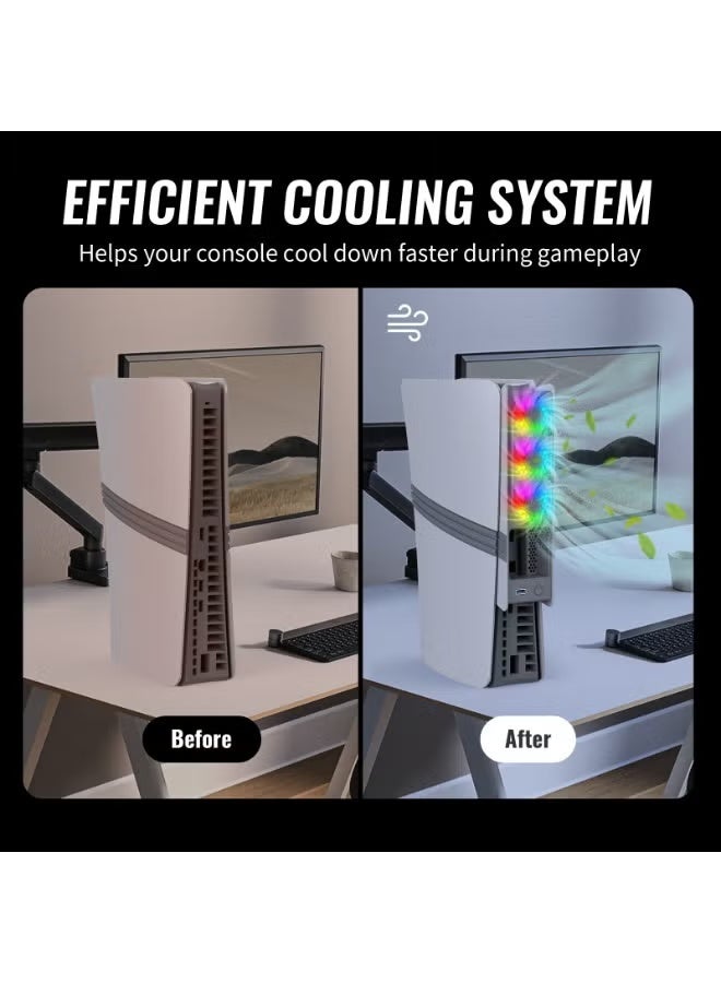 مروحة تبريد عالمية لجهاز PS5 Pro/Slim - تحكم ذكي في درجة الحرارة، مروحة توربو خلفية مع إضاءة RGB، نظام تبريد بثلاث سرعات قابل للتعديل للإصدار الرقمي وإصدار الأقراص (رمادي وأسود) - Image 3